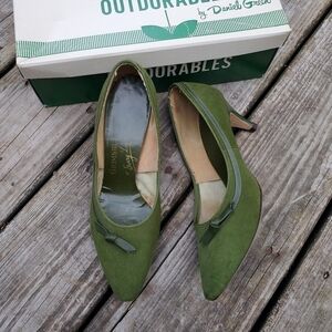 Vintage 50s 60s Retro Pin Up Girl PUG Green Leather Bow Heels Pumps Woman's 6.5